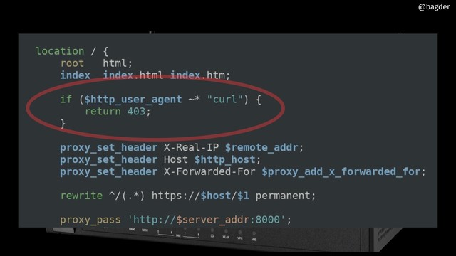 a config file showing how it returns a 403 error if the user agent contains the word "curl"