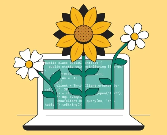 The illustration symbolizes green software by showing three flowers growing out of a laptop with lines of code on the screen.