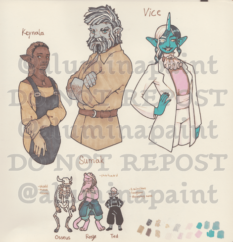 3 people take up most of the image, they are (left to right) Keynala, a dark-skinned elven woman, Sumak, a grey half-orc with a greying beard, and Vice, a blue tiefling with a singular horn on their forehead, they are wearing fancier clothes than the other two. below these three, there are 3 smaller figures: a minotaur skeleton named Osseus, a pink leonin called Rosy and a very short drow dressed in all black called Ted. 