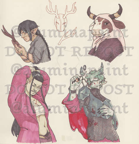 4 characters, left to right, upper row: Trude, a halfling with tan skin and a long braid wearing plain clothes and holding a mask while praying, Noona, a minotaur wearing a headscarf, bottom row: Bagrak, an orc wearing an open red shirt, tying her hair, and Bliss, a green tiefling wearing a dress and half-plate armor, lying in a puddle of blood with one of her horns broken. 