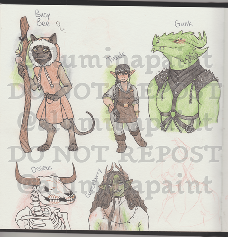 6 people, left to right, upper row: Busy Bee, a sphinx tabaxi in a big winter coat wielding a staff, Trude, a halfling with tan skin and a long braid wearing plain clothes, and Gunk, a green dragonborn in a black leather harness adorned with spikes, bottom row: Osseus, a minotaur skeleton, Gooseberry, a person with green skin and long unkempt hair wearing a white dress that is covered in dirt, and Bliss, though only a sketch of a tiefling in a dress.