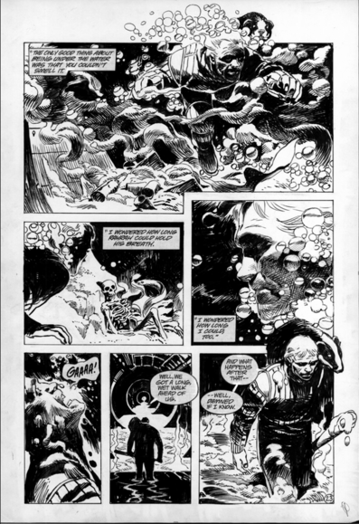 a page from the comic book, it is in black and white, it is a man under water, he sees a skeleton on the floor, he surfaces, gasping for air, and continues walking through a dark sewer 