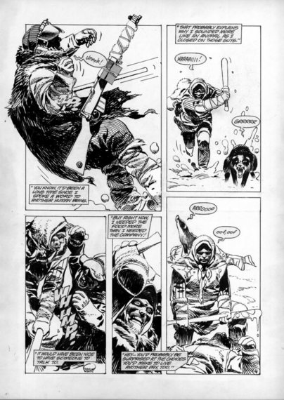 a page from the comic book, a man in a heavy jacket and hat, struck, a man advancing on him holding a club with a vicious dog alongside him, the man are fighting intensely in the snow 