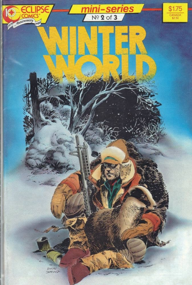 the cover of the comic book, in the upper left corner it reads 'eclipse comics', at the top in red on a small yellow strip it reads mini-series' and under it number two of three', and under that in yellow 'winter world', the illustration is of a man wearing heavy winter clothing, sitting down in a snowy forest with a large high powered rifle leaning against his leg and arm 
