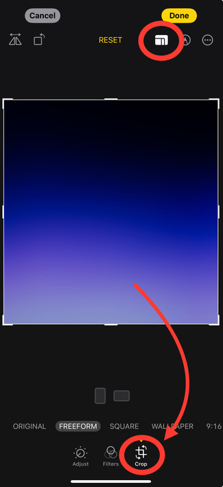 Screenshot of the iOS photo editor with crop mode activated. It is annotated with circles around the buttons for crop mode and accessing the preset ratio crop sizes. A curved arrow is also points to the crop mode button at the bottom, emphasizing tapping this button toggles the ratio presets without needing to reach to the top of the screen to tap the dedicated button.