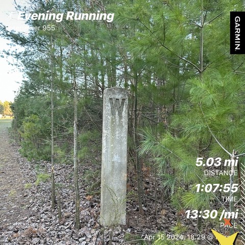 An outdoor scene with a concrete post marked with a "W" amidst pine trees, overlaid with running tracking data indicating distance (5.03 miles), time (1 hr 7 min 55 sec), and pace (13 min 30 sec). The concrete post is a relic from when the trail was a train track indicating the train was heading west. 