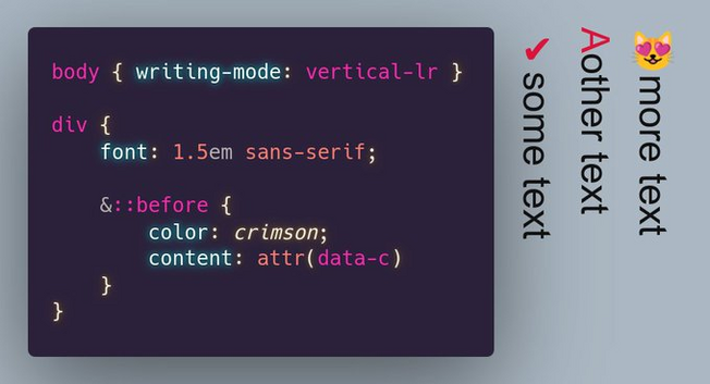 The relevant CSS:

```
body { writing-mode: vertical-lr }

div {
	font: 1.5em sans-serif;
	
	&::before {
		color: crimson;
		content: attr(data-c)
	}
}
```

And the visual result: the checkmark and the cat face emoji don't get rotated like the rest of the element text, but the letter 'A' does.