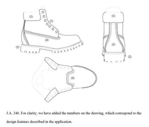 Images from the decision showing the claimed designs, with the text: "For clarity, we have added the numbers on the drawing, which correspond to the design features described in the application." As the court later notes, "TBL did not try to register every aspect of the boot. In its registration application, TBL asserted—or, to use the legal term, “claimed”—intellectual property rights in some, but not all, of the features of its boot design. For instance, as a part of the design it sought to r…