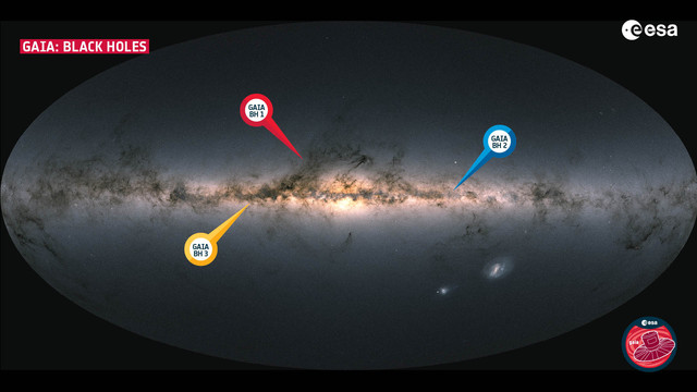 Gaia's black holes at their positions in the sky. These black holes are also the closest ones to Earth that we know of. The sky map in the background shows Gaia's sky in colours and is not a picture. It is a visualisation where individual stars with their colours as observed by Gaia are plotted one by one. Credits: ESA/Gaia/DPAC- CC BY-SA 3.0 IGO.