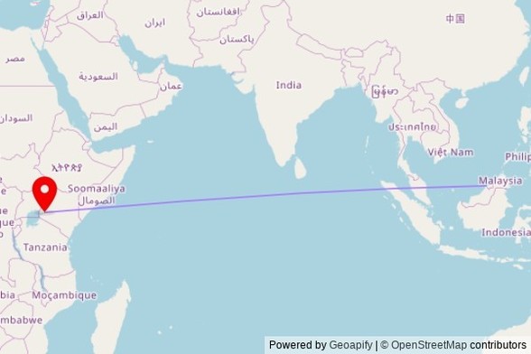 A map showing the great circle route from Seria in Brunei Darussalam to a map pin at Anglican Church Of Kenya, Nairobi Road, Ahero ward, Kenya