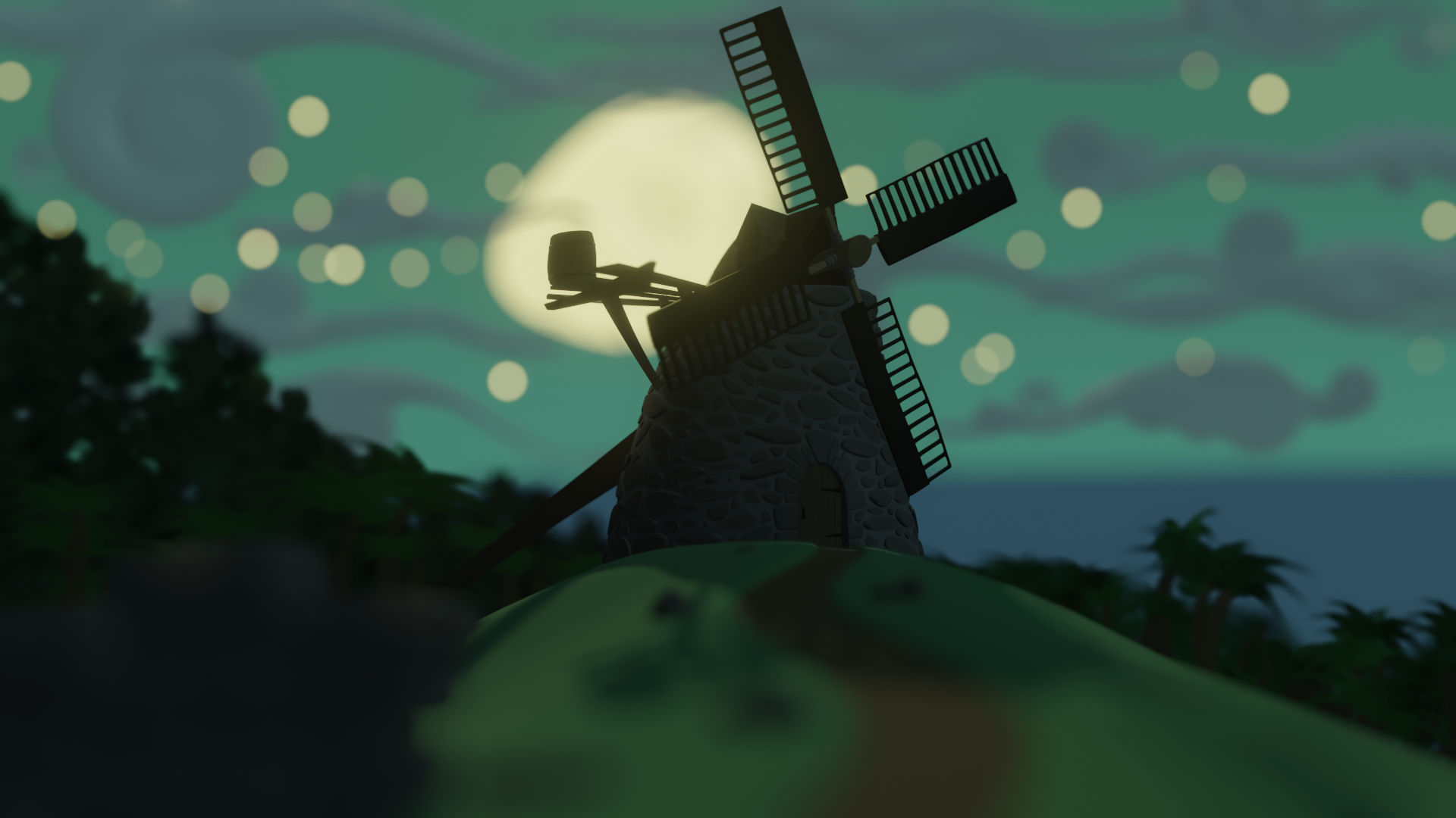 The same scene as the previous post, but with a more bluish tint to the grass, a darker wood material, more definition to the dirt path, a shorter support strut on the balcony, and various fill lights bringing  light and shadows to portions of the scene that previously lacked them. The vanes on the windmill are also less rigidly square, fitting more with the stylised look of the rest of the scene.