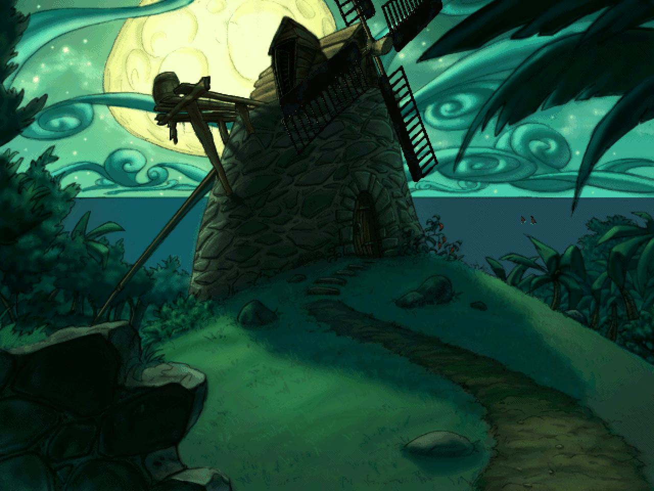 A screenshot of the Blood Island windmill scene from The Curse of Monkey Island.