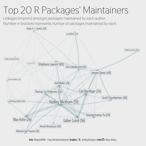 A network graph of top 20 R package author-maintainers. Linkages show imports amongst packages of each author.