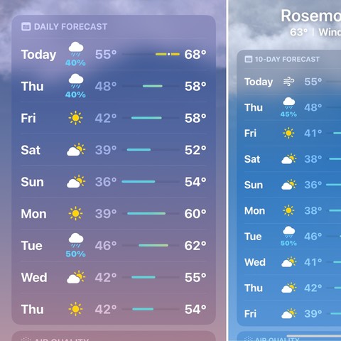 left side is a "daily forecast" with 9 days. right side is a "10 day forecast" with 10 days.