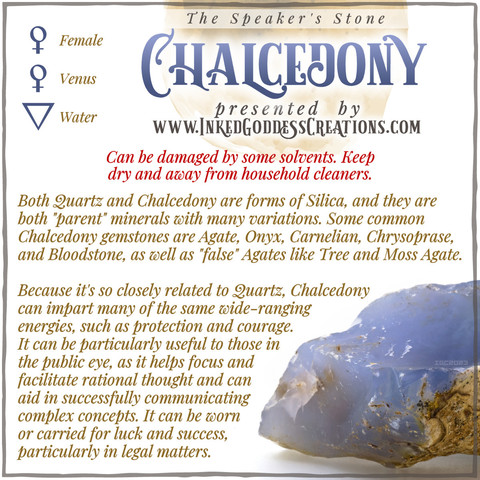 A raw chunk of blue-purple chalcedony sits against a white background. The text explains chalcedony's metaphysical correspondences, some trivia about its origin, and ways to use it in your magickal practice. Presented by Inked Goddess Creations.