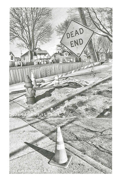 Three images taken with a toy camera that makes thermal prints, showing items from the road. A "Dead End" sign, a fire hydrant and construction barriers, and a traffic cone.