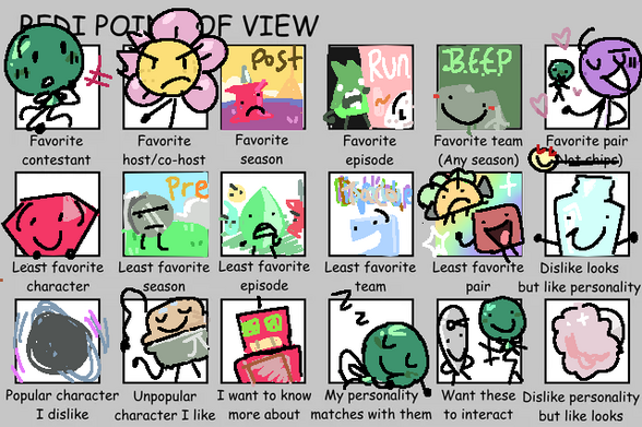 The Bfdi point of view meme filled out

Favourite contestant is Balloony, Favourite host/co-host is Flower
Favourite season is post-revival  BFDIA, Favourite episode is TPOT 9
Favourite team is BEEP, Favourite pair (romance!) is Broccoli :]
Least Favourite character is Ruby, Least favourite season is pre-revival BFDIA
Least favourite episode is BFDIA 1, Least favourite team is 8 namers
Least favourite pair is Blocky and Taco
DLBLP is Bottle, Popular character i dislike is Black hole
Unpopular character i like is Pie, I want to know more about Roboty
My personality matches with Balloony, I want Balloony and Needle to interact
DPBLL is Puffball speaker box