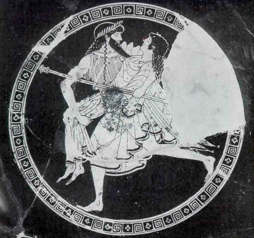 Black-and-white photo of a vase painting depicting Zeus carrying off a sleeping Ganymedes. Both are fully clothed. Zeus has a long, black beard and long curly hair. Ganymedes is beardless but has long hair and his eyes closed in sleep.