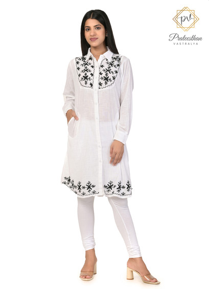 Floral Designer Neck Full Sleeve Cotton White Women's Kurti