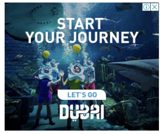 The slogan is start your journey let's go Dubai, and a family is depicted underwater with breathing apparatus at an aquarium