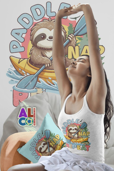 cute sloth design for t-shirts and more for kayaking enthusiasts featuring a cute sloth in a kayak with paddle in hands and the text Paddle Nap Repeat