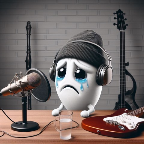 Image Generated with Microsoft Designer using the following prompt "a crying cartoon sperm wearing a beanie hosts a podcast in a grey room with a sword, electric guitar and flintlock pistol behind him, digital art"