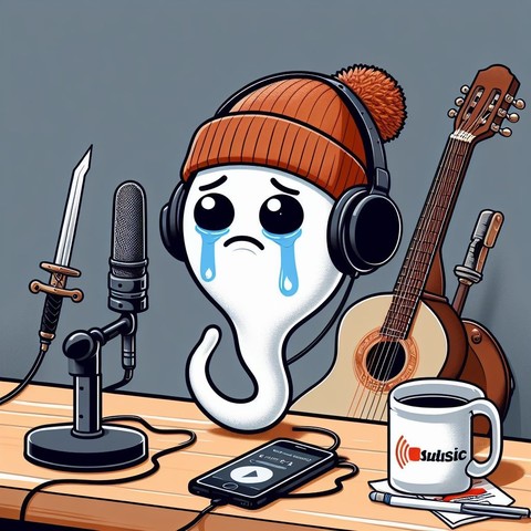 Image Generated with Microsoft Designer using the following prompt "a crying cartoon sperm wearing a beanie hosts a podcast in a grey room with a sword, electric guitar and flintlock pistol behind him, digital art"