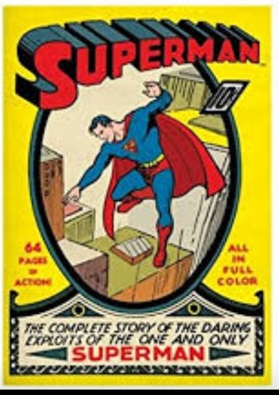 Cover of Superman comics #1 from 1939.

Superman floats in the sky above Metroplis inside of an oval “frame” shape. Text on the cover reads “64 pages of action!” and “All in full color!” and also “The complete story of the daring exploits of the one and only SUPERMAN!” Its original price was also only 10 cents.