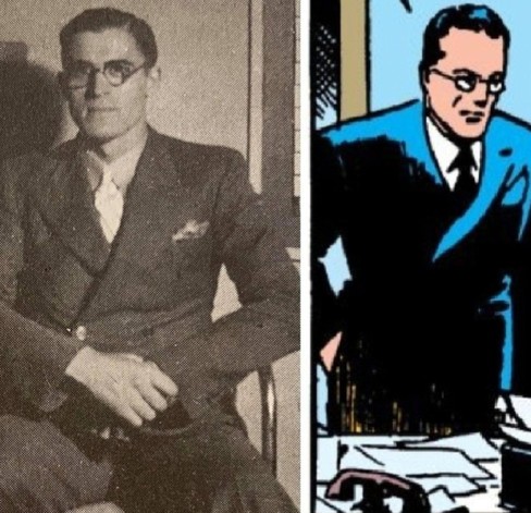 Side-by-side images of Chicago Reporter Walter Dennis (left) and an early drawing of Clark Kent from the comics (right). Both are clean-shaven, wearing round glasses, and have the exact same style of business suit.