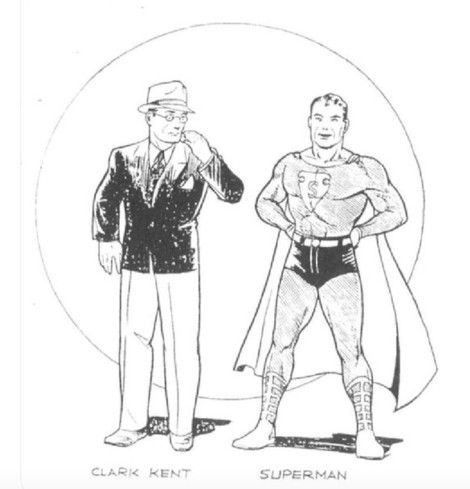 Black and white sketch drawings of the characters of Clark Kent (in a hat and suit coat) and Superman (with a much-smaller S-shield on his chest then the one he would later have in the comics). Both characters are standing inside of a thinly drawn circle.