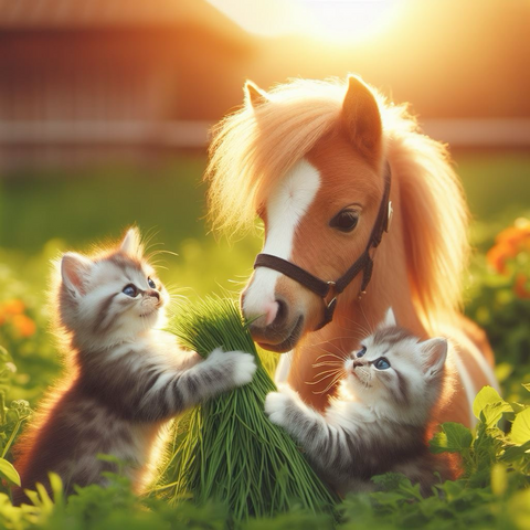 新緑の牧場で、子猫2匹がポニーと触れ合っていて、子猫らは束ねた牧草を餌として与えている。