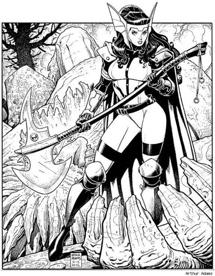 a black and white illustration of Sif, she is standing wearing her costume with armored sections, holding a very long-handled battle axe, a large dead monster behind her, she is standing in a contrapposto stance