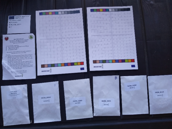 dark background, bottom of the picture is a series of 6 white envelopes with a different code each, and letters A to F handwritten in upper left corner.  Upper part of the picture, two white cards with 1cm squares drawn, and two lines of squares painted in different colours. Also a little explanatory text for checking the content from envelopes against the squared colour codes.