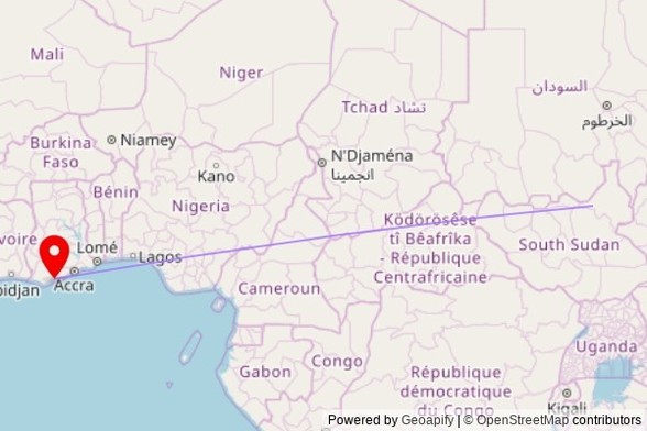 A map showing the great circle route from Malakal in South Sudan to a map pin at Methodist, Beach Road, Ampenyi, Ghana