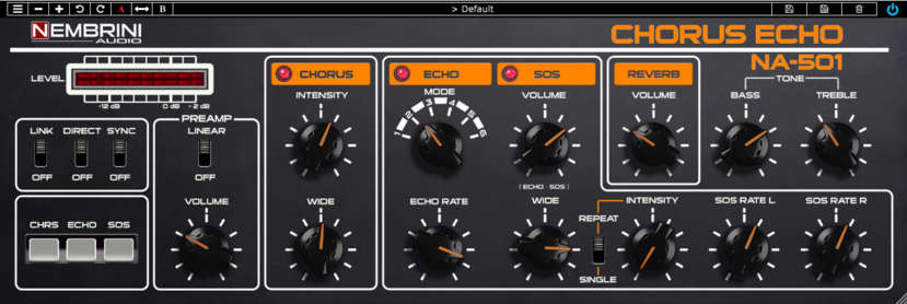 Image showing the interface for Nembrini NA 501 Chorus Echo with controls for chorus, reverb, tape echo and sound on sound 