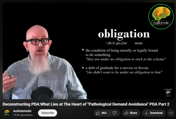 https://www.youtube.com/watch?v=HOrsMUyGnq4
Deconstructing PDA:What Lies at The Heart of "Pathological Demand Avoidance" PDA Part 2

9,823 views  13 Oct 2023  #actuallyautistic #AutismAcceptance #EngageAutism
What does it feel like to BE autistic and demand avoidant? What triggers the anxiety, confusion and trauma of PDA? After discussing the presently limited public understanding of PDA, we now shift perspective to a personal story - a journey of discovery to find the true feelings behind this complicated and frustrating barrier to full participation & inclusion in modern life.

#EngageAutism #AutismAcceptance #actuallyautistic 

*Lord Lucan (John Bingham) was an English peer who abruptly vanished in 1974 under a dark and mysterious cloud of intrigue & violence. The circumstances of his disappearance and possible whereabouts and/or fate have been the subject of considerable speculation since, and his name - a byword for "doing a vanishing act".
https://en.wikipedia.org/wiki/John_Bi...