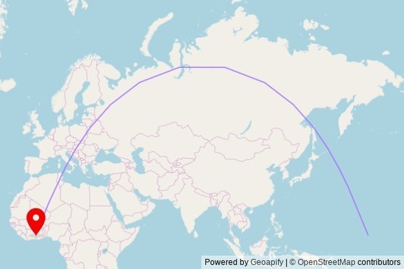 A map showing the great circle route from Majuro in the Marshall Islands to a map pin at Grande Mosquée d'Agnibilékrou, A1, Agnibilékrou, Côte d'Ivoire