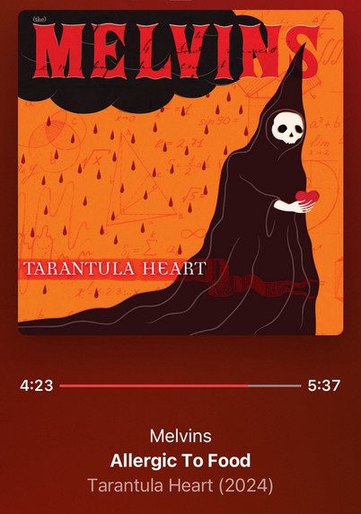 Album cover artwork for "Tarantula Heart" by the Melvins, featuring a stylized figure in a black cloak resembling the Grim Reaper holding an apple, with a skull-like face against an orange background filled with mathematical symbols and equations.