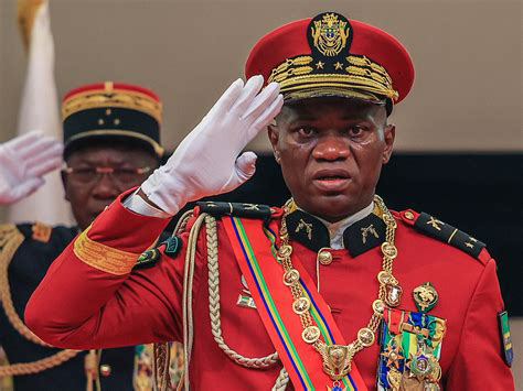 Photo Credit: AFP
--
Gabon's strongman General Brice Oligui Nguema salutes as he is inaugurated as Gabon's interim President, in Libreville on September 4, 2023.