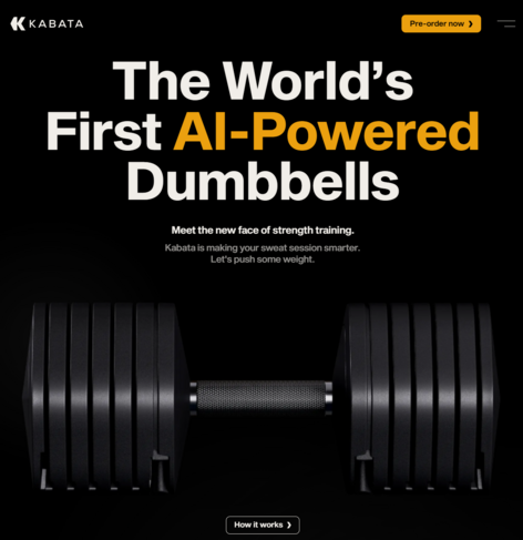 Screenshot of the Kabata website. Above the image of a set of adjustable dumbbells: "The World’s First AI-Powered Dumbbells. Meet the new face of strength training. Kabata is making your sweat session smarter. Let's push some weight."