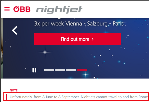 OBB nightjet booking page
website notice: from 8 Jne to 8 September, no night trains from Rome