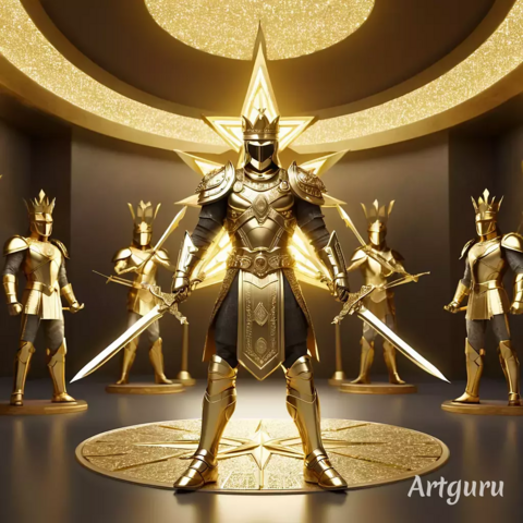 On https://www.artguru.ai/ #ArtGuru I entered this in a prompt for it to render something that I can use for my profile picture:

"golden warrior with golden crown 5 swords in the shape of a star and a treasure room in the background"

artguru did a better job than I thought it would. The image shows a "golden warrior king" in the middle, with a golden crown, in the background 4 other golden warriors. 

On the ground there is a golden circle with a golden star in it. The "golden warrior king" also is covered with some sort of golden star at the back.

Also a golden/yellow circle on the 'roof' with a darker circle on the outside and then another less wide golden/yellow circle and then its just the color of the room which seems to be wooden/brown.