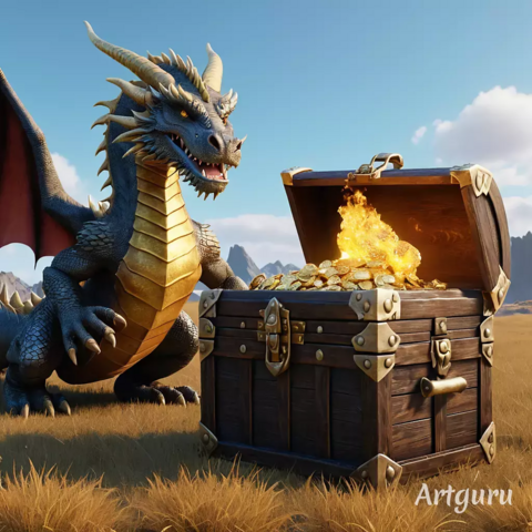 Image shows a yellow/golden and blue dragon with partly red wings approaching or standing near a wooden treasure chest with gold-tinted metal in its casing.(I'm not a native English speaker)

An image generated at https://www.artguru.ai/ with the following prompt:

"On a plain burnt grass field a dragon guards a large treasure chest and a dragon which breathes golden fire at a troll who is attempting to steal the chest"

#ArtGuru

