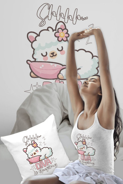 Cute baby llama sleeping, little llama with pink pillow and flower behind the ear enjoying sleeping. This cute llama is perfect as a kid pajama, girls and girly outfit lover, alpacas enthusiasts, cute animals, farmers, llama pets owners. Shhhh... Diva is sleeping.