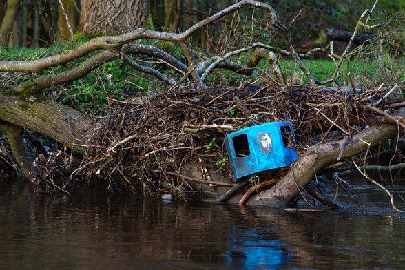 Among natural detritus snagged on the bank of a river the lid of a litter bin made of plastic is visible on the rhs of the frame, it's a blue colour and has a keep tidy logo with a figure dropping litter in a bin is on the side of it. Visually it is a serious of layers with branches curving over the shot, a reflection is just visible of the bin on the surface of the river. 