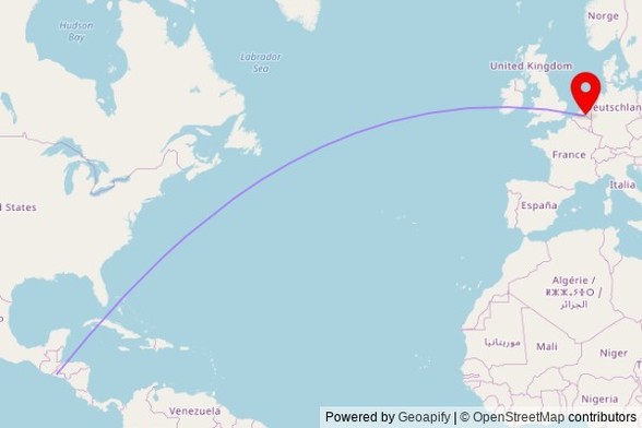 A map showing the great circle route from Cantón San Luís Mariona in El Salvador to a map pin at Kapel van de Wampenberg, Wampenberg, 2370 Arendonk, Belgium