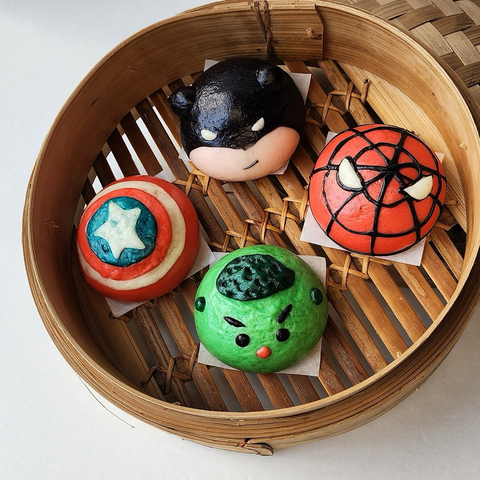 Batman, Spider-Man, Hulk, Captain America steam buns in bamboo steam tray