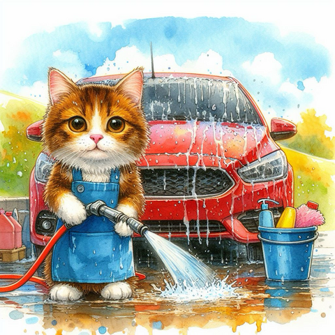 4月中旬の早緑の丘にある晴れた洗車場。黄砂で汚れた赤い車をホースの先をつまんで勢いのある水で水洗いしている青いエプロンを着けた茶と白の毛並みの子猫。