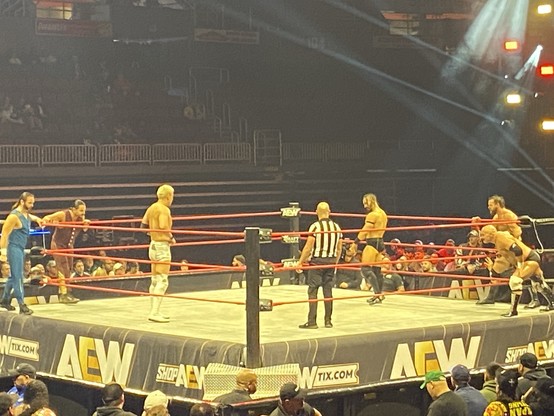 All the competitors of the AEW Collision main event. Matthew Jackson, Nicholas Jackson, Kazuchika Okada, PAC, Cash Wheeler, and Dax Harwood.