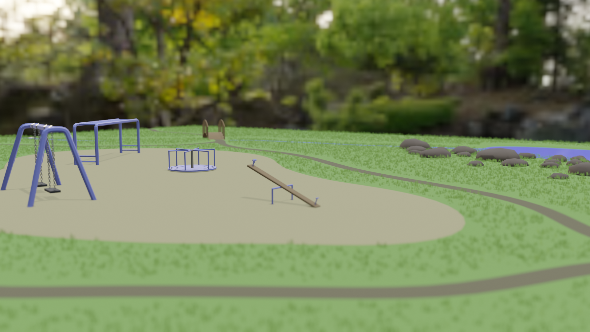 A low poly scene of a park, looking across a playgroud containing swings, monkeybars, and a merry-go-round, and a seesaw. A path leads around the playground and over a bridge in the distance that crosses a creek running to a pond on the right. Large rocks are clustered along the pond's shore